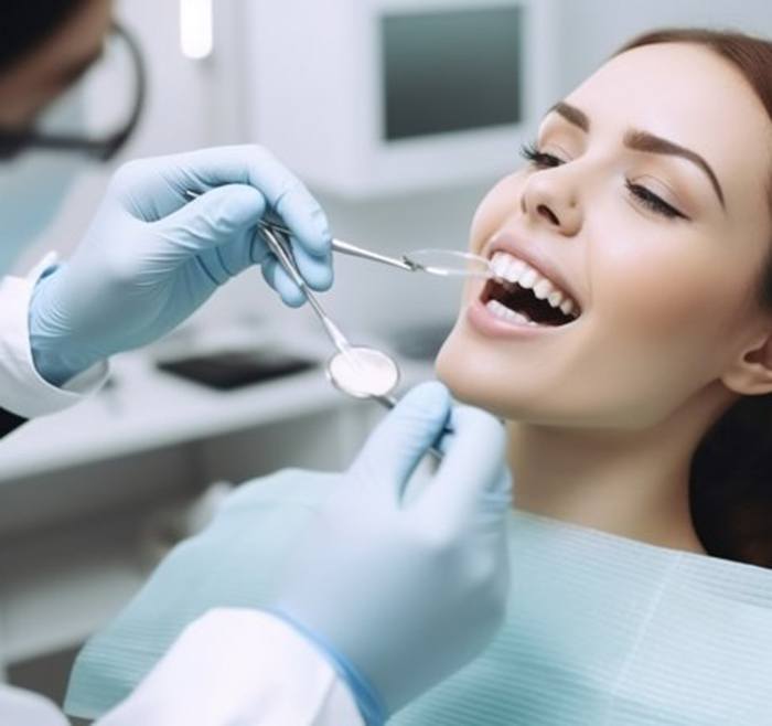 Woman having her teeth examined