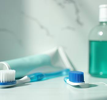 Oral hygiene instruments on bathroom countertop
