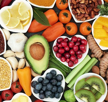Variety of healthy food viewed from above