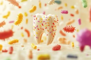 Digital illustration of bacteria around a tooth